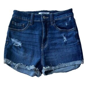 WILLOW & ROOT THE RISE UP DISTRESSED BLUE JEAN CUFFED RAW HEM SHORTS SIZE 25
